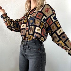 1980s Vintage Fall Leaves Pattern Button Up Blouse